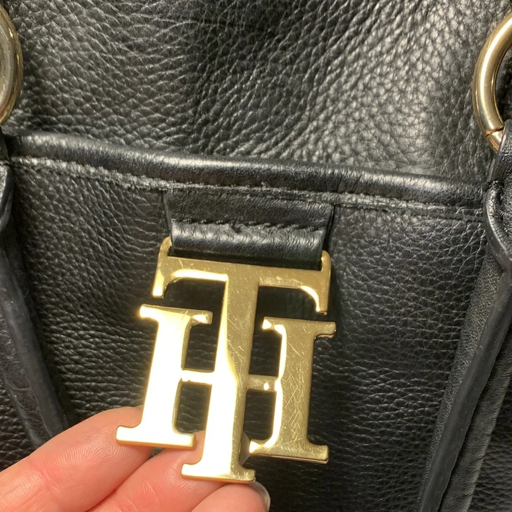 Tommy Hilfiger Black Soft Leather Satchel with Gold Logo and Hardware
